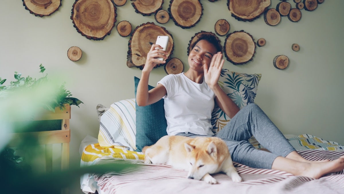 Happy African American teenager is making video call with smartphone calling friends talking and gesturing while her cute pet dog is lying on bed with her.